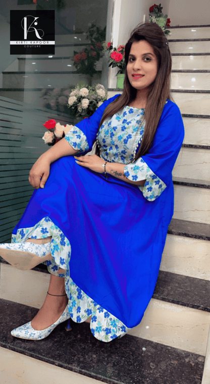 Royal Blue Patch - Worked A - line Kurti Set - Kirti Kapoor Couture