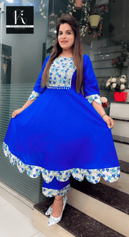 Royal Blue Patch - Worked A - line Kurti Set - Kirti Kapoor Couture
