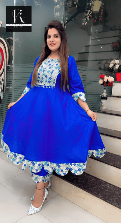Royal Blue Patch - Worked A - line Kurti Set - Kirti Kapoor Couture