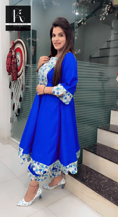 Royal Blue Patch - Worked A - line Kurti Set - Kirti Kapoor Couture