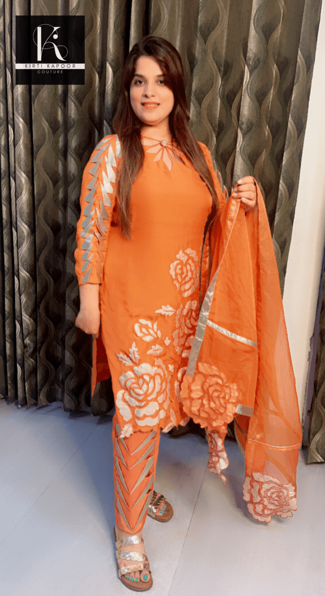 RustyOrange Organza Suit with Shimmer Designing - Kirti Kapoor Couture