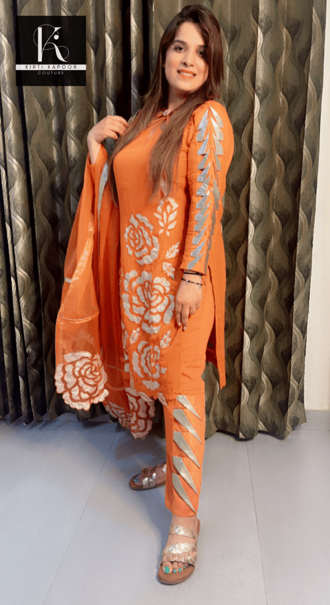 RustyOrange Organza Suit with Shimmer Designing - Kirti Kapoor Couture