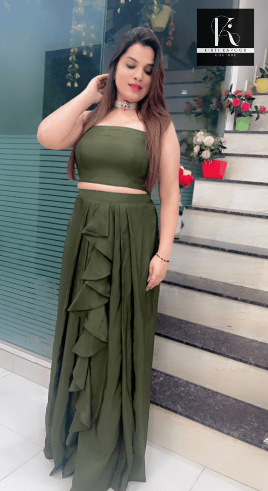 Sap Green Drape Set with Embroidered Jacket (Dress) - Kirti Kapoor Couture