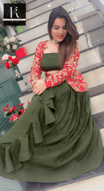 Sap Green Drape Set with Embroidered Jacket (Dress) - Kirti Kapoor Couture