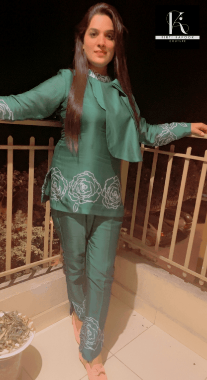Satin Georgette Co - ord Set With Floral Design - Kirti Kapoor Couture