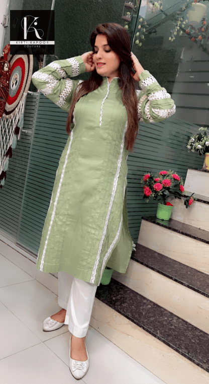 Sea - Foam Coloured Designer Cotton Kurti Set - Kirti Kapoor Couture