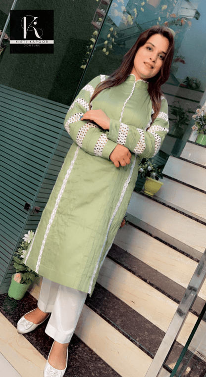 Sea - Foam Coloured Designer Cotton Kurti Set - Kirti Kapoor Couture
