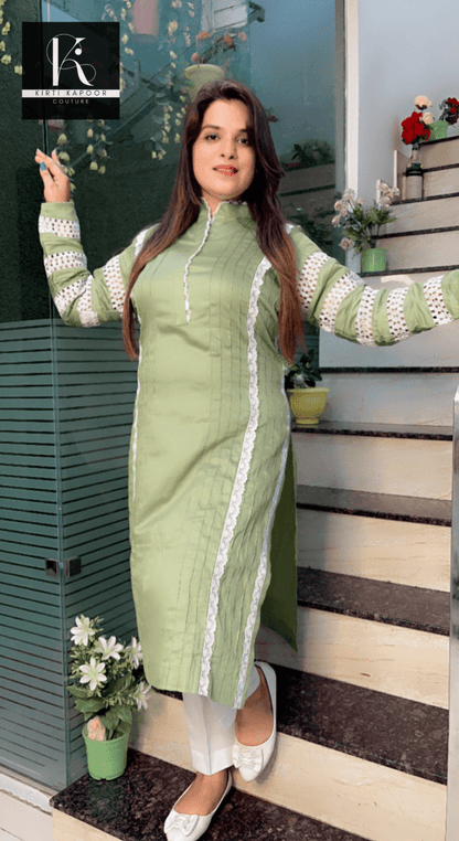 Sea - Foam Coloured Designer Cotton Kurti Set - Kirti Kapoor Couture