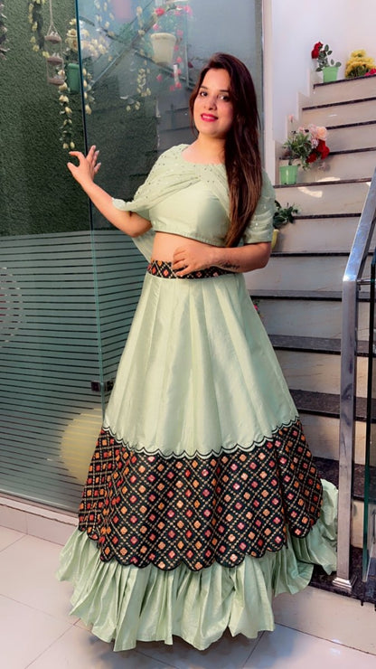Sea - Foam Designer Lehenga Choli with Peacock (Fabric) Highlights - Kirti Kapoor Couture