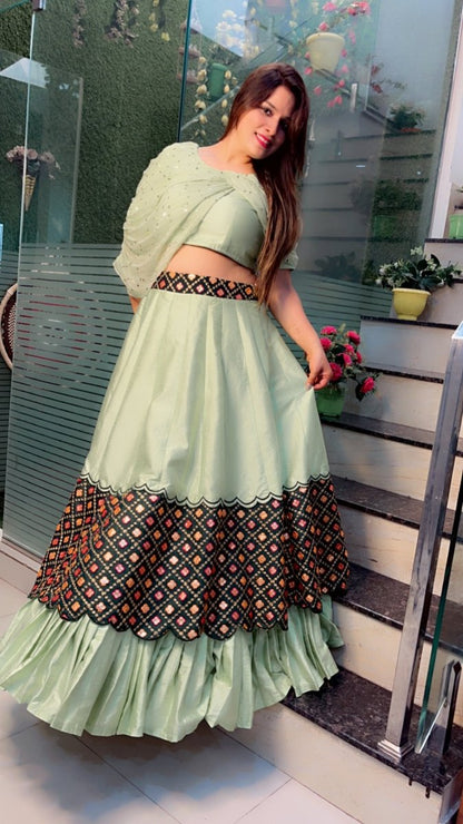 Sea - Foam Designer Lehenga Choli with Peacock (Fabric) Highlights - Kirti Kapoor Couture