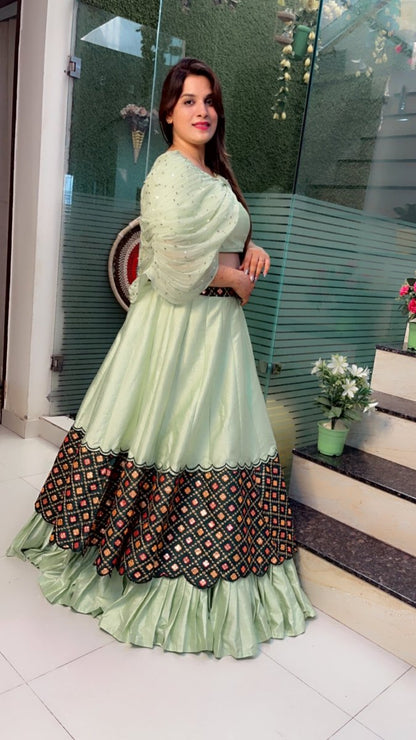 Sea - Foam Designer Lehenga Choli with Peacock (Fabric) Highlights - Kirti Kapoor Couture