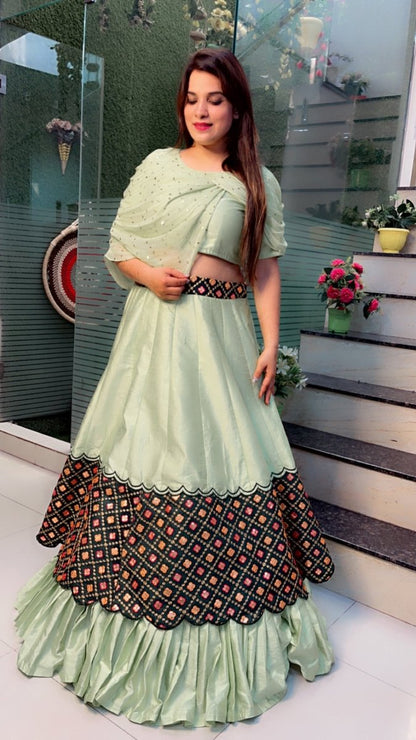 Sea - Foam Designer Lehenga Choli with Peacock (Fabric) Highlights - Kirti Kapoor Couture