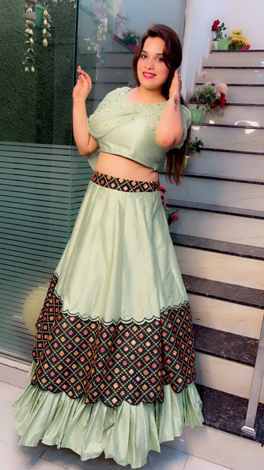 Sea - Foam Designer Lehenga Choli with Peacock (Fabric) Highlights - Kirti Kapoor Couture