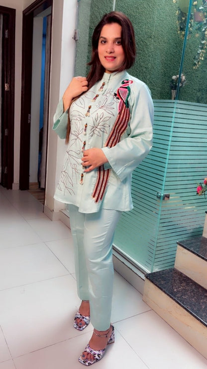 Sea Green Cotton Co - ord Set with Embroidered Long Tail Parrot (Anchor Highlights) - Kirti Kapoor Couture