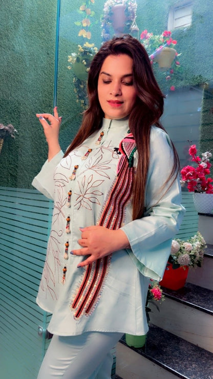 Sea Green Cotton Co - ord Set with Embroidered Long Tail Parrot (Anchor Highlights) - Kirti Kapoor Couture