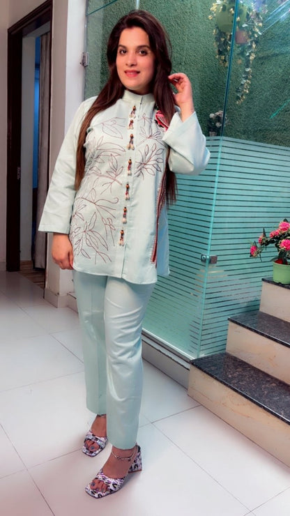 Sea Green Cotton Co - ord Set with Embroidered Long Tail Parrot (Anchor Highlights) - Kirti Kapoor Couture