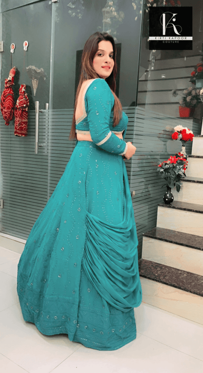 Sea Green Lucknowi Draped Lehenga Choli - Kirti Kapoor Couture
