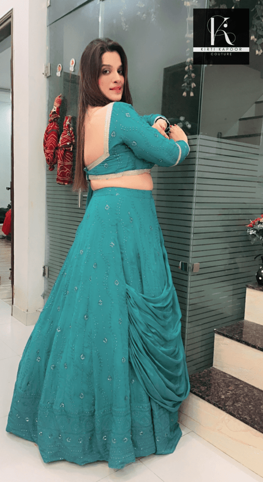 Sea Green Lucknowi Draped Lehenga Choli - Kirti Kapoor Couture