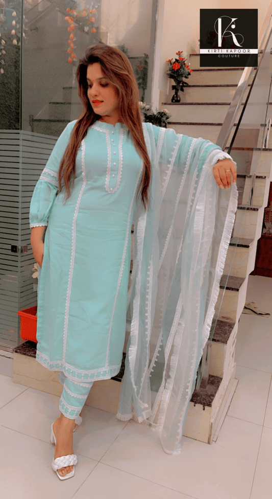 Sea Green Suit with a duo - colored Organza Dupatta (Overall Lace - work) - Kirti Kapoor Couture