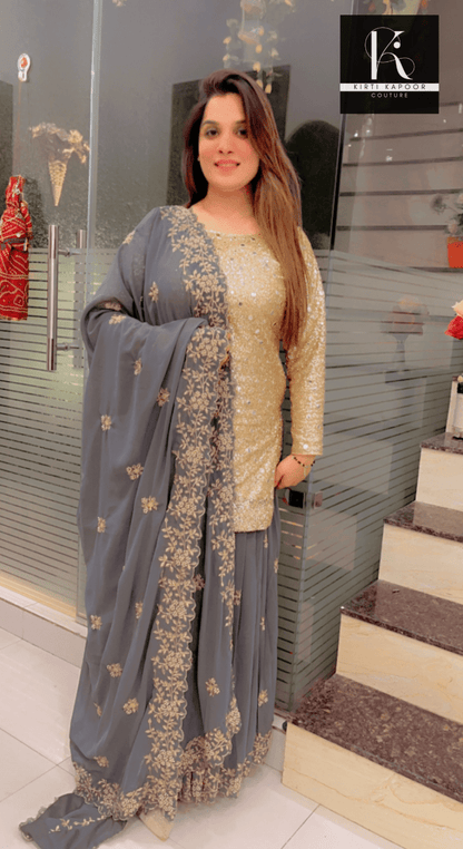Sequence Shirt with Grey Skirt and Dupatta - Kirti Kapoor Couture