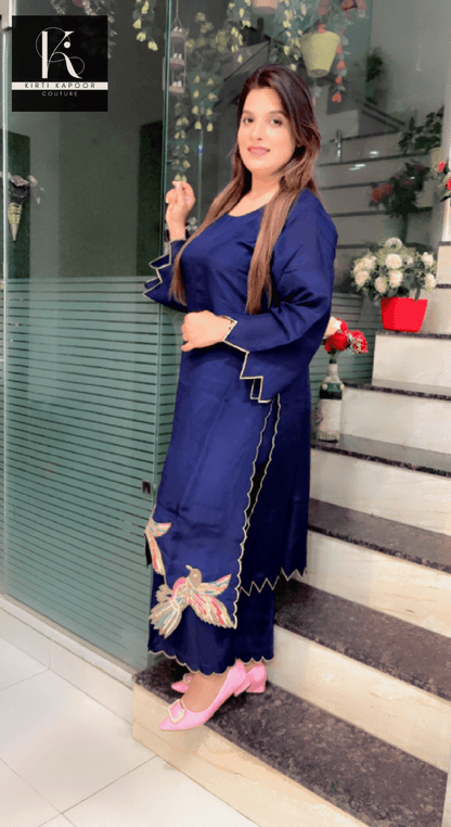 Silk Set with Hand - Embroidered Birds on Border - Kirti Kapoor Couture