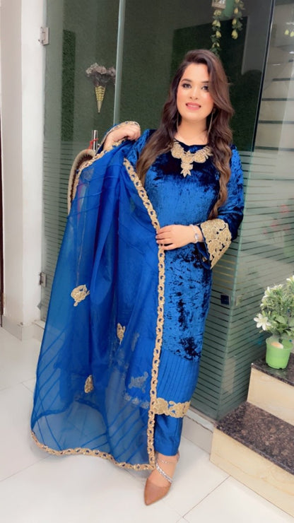 Silk Velvet Embroidered Suit with Designer Organza Dupatta - Kirti Kapoor Couture