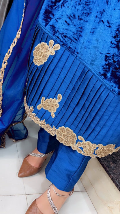 Silk Velvet Embroidered Suit with Designer Organza Dupatta - Kirti Kapoor Couture