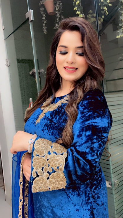 Silk Velvet Embroidered Suit with Designer Organza Dupatta - Kirti Kapoor Couture