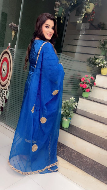 Silk Velvet Embroidered Suit with Designer Organza Dupatta - Kirti Kapoor Couture