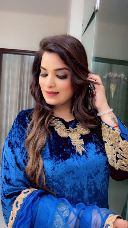 Silk Velvet Embroidered Suit with Designer Organza Dupatta - Kirti Kapoor Couture