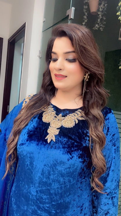 Silk Velvet Embroidered Suit with Designer Organza Dupatta - Kirti Kapoor Couture