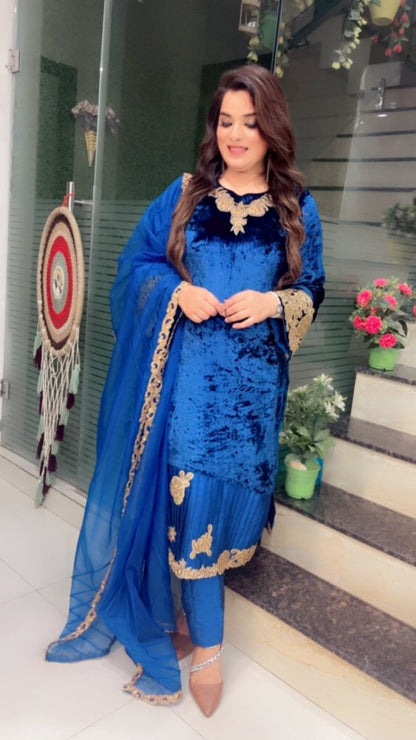 Silk Velvet Embroidered Suit with Designer Organza Dupatta - Kirti Kapoor Couture