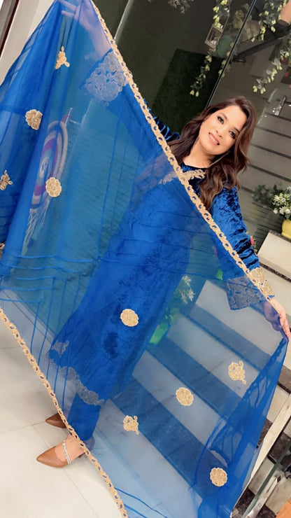 Silk Velvet Embroidered Suit with Designer Organza Dupatta - Kirti Kapoor Couture