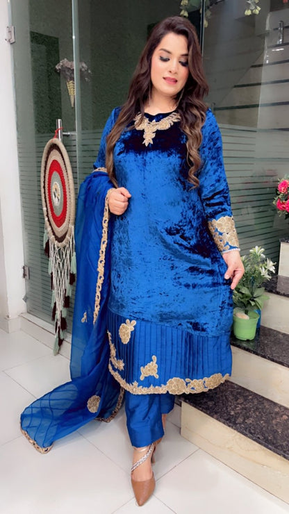 Silk Velvet Embroidered Suit with Designer Organza Dupatta - Kirti Kapoor Couture