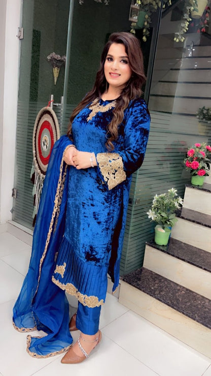 Silk Velvet Embroidered Suit with Designer Organza Dupatta - Kirti Kapoor Couture