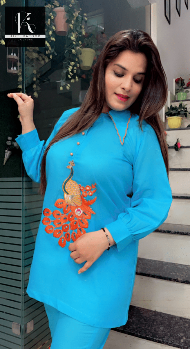 Sky Blue Co - ord With Orange Embroidered Peacock - Kirti Kapoor Couture