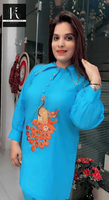 Sky Blue Co - ord With Orange Embroidered Peacock - Kirti Kapoor Couture