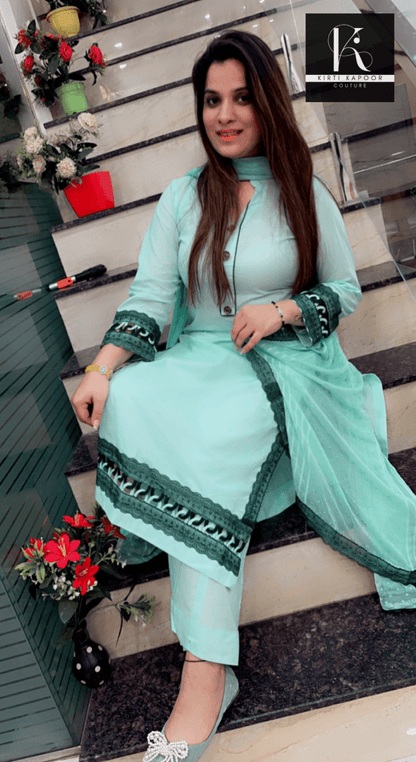 Sky Blue Designer Suit With Lace - Worked Dupatta (Peacock Highlights) - Kirti Kapoor Couture