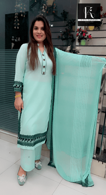 Sky Blue Designer Suit With Lace - Worked Dupatta (Peacock Highlights) - Kirti Kapoor Couture