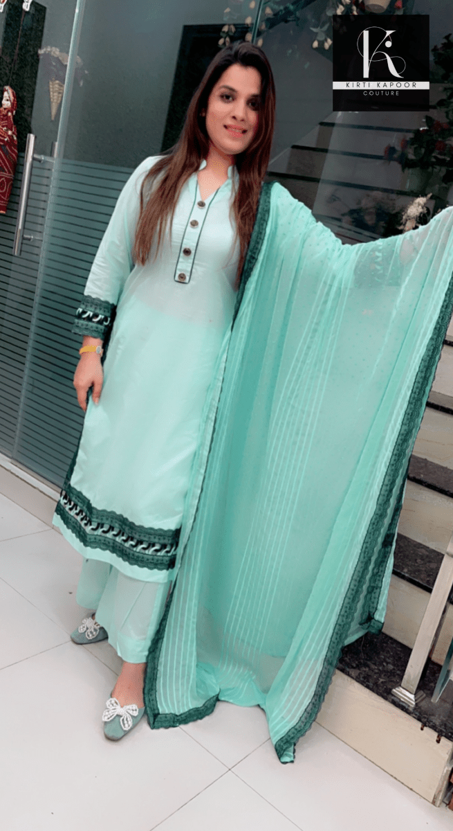 Sky Blue Designer Suit With Lace - Worked Dupatta (Peacock Highlights) - Kirti Kapoor Couture