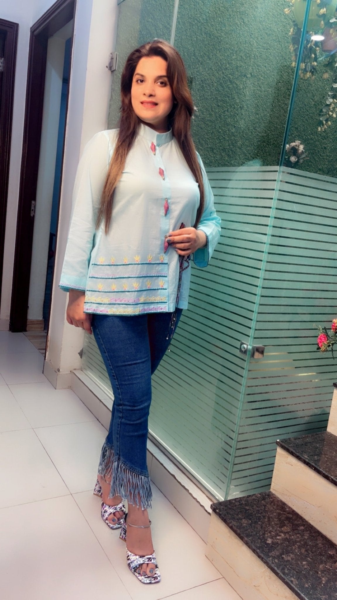 Sky blue embroidered shirt with a hand - worked Ostrich - Kirti Kapoor Couture