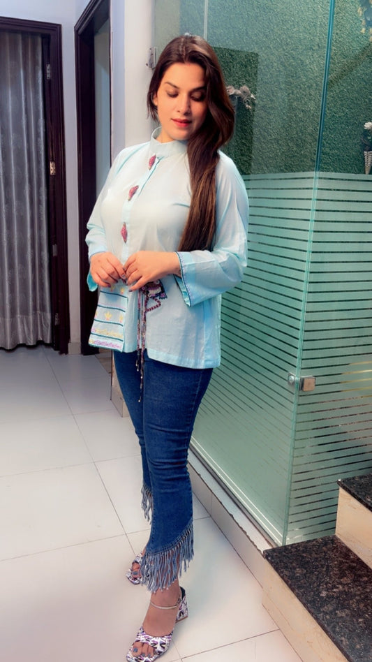 Sky blue embroidered shirt with a hand - worked Ostrich - Kirti Kapoor Couture