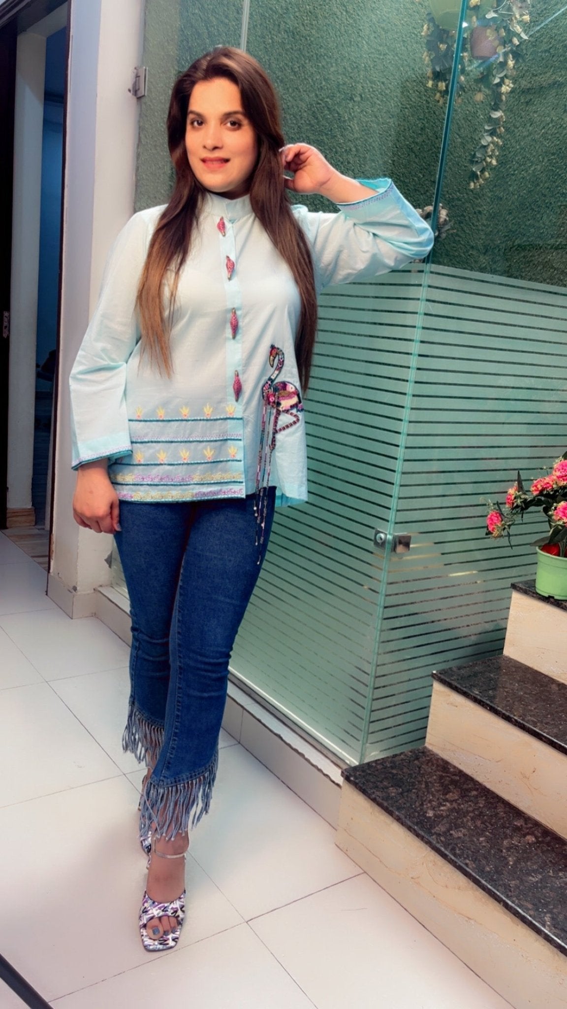 Sky blue embroidered shirt with a hand - worked Ostrich - Kirti Kapoor Couture