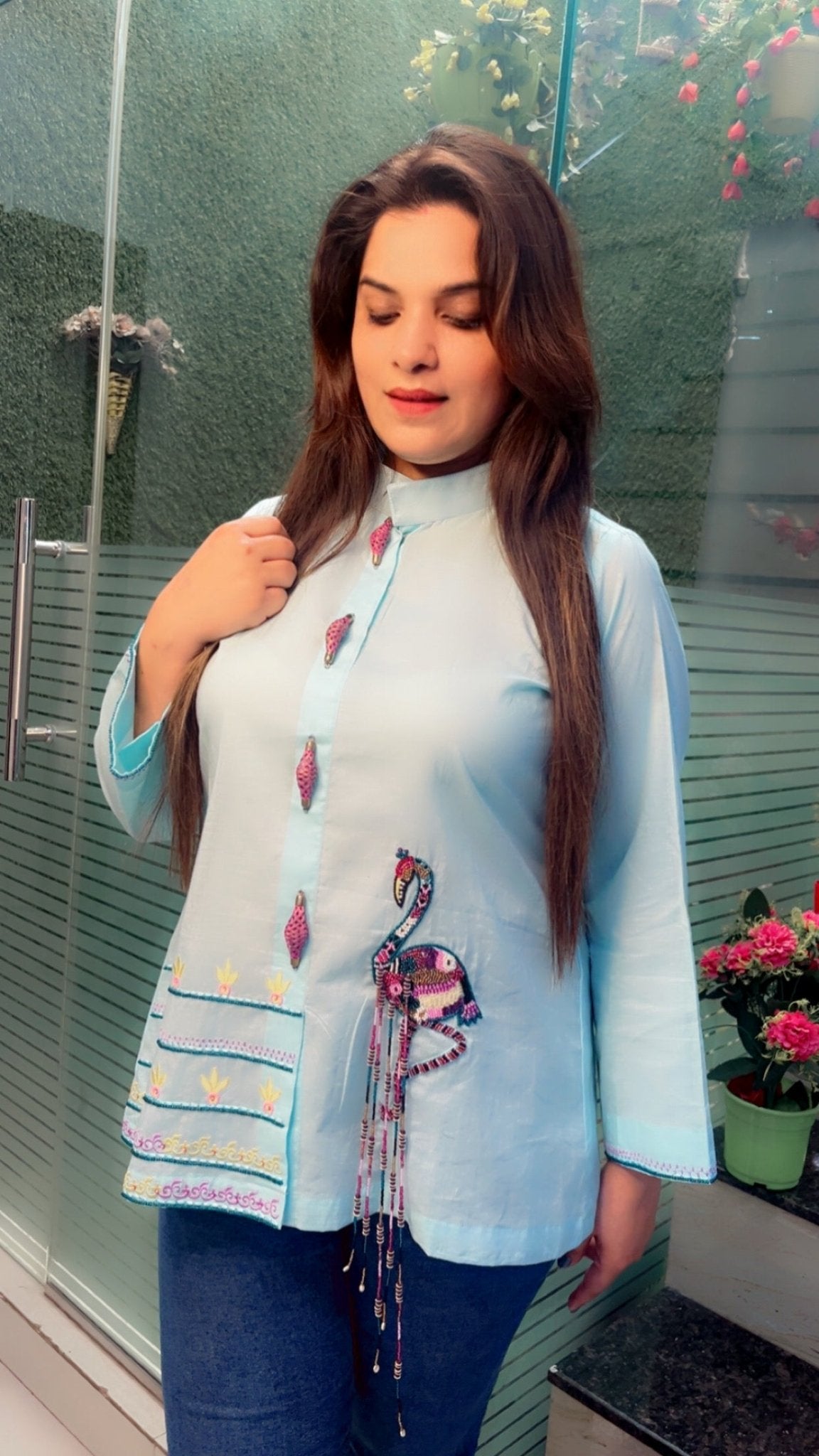 Sky blue embroidered shirt with a hand - worked Ostrich - Kirti Kapoor Couture