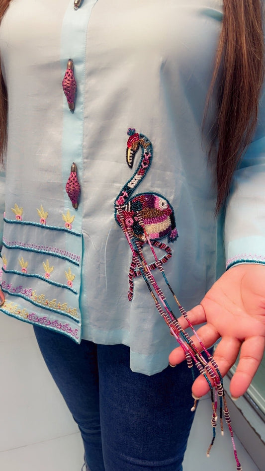 Sky blue embroidered shirt with a hand - worked Ostrich - Kirti Kapoor Couture