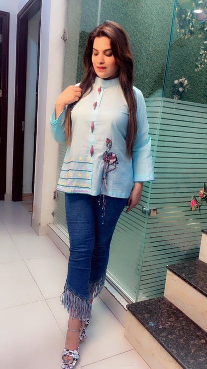 Sky blue embroidered shirt with a hand - worked Ostrich - Kirti Kapoor Couture