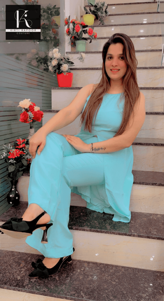 Sky blue Front - Cut Shirt with Pant Set - Kirti Kapoor Couture
