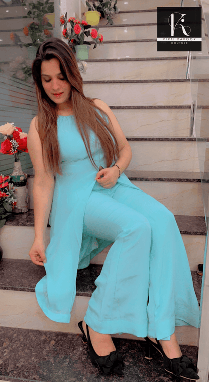 Sky blue Front - Cut Shirt with Pant Set - Kirti Kapoor Couture
