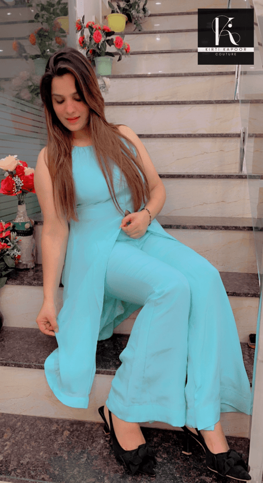 Sky blue Front - Cut Shirt with Pant Set - Kirti Kapoor Couture