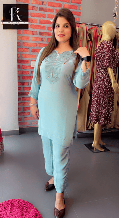 Sky Blue Hand - Embroidered Co - ord Set - Kirti Kapoor Couture